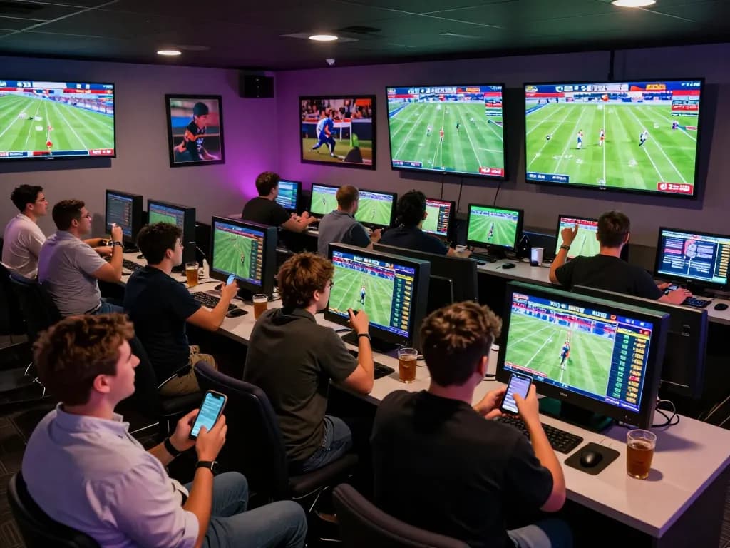 Engaged bettors using smartphone for 7m sports betting excitement in a modern lounge