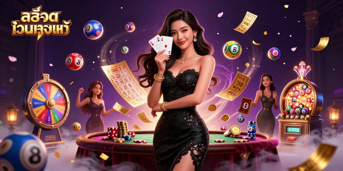 Experience the thrill of สล็อตเว็บตรงแท้ with elegant Asian woman in a casino scene, playing cards, and colorful game elements.