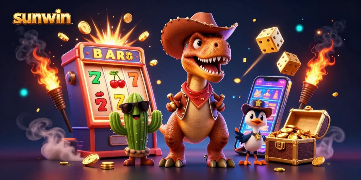 Spin the reels at Sunwin with a vibrant 3D casino scene featuring characters and jackpot elements.