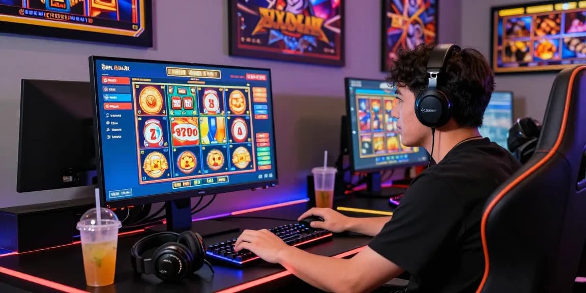 Engaged player enjoying สล็อตเว็บตรง games in a modern gaming setup with colorful monitors and vibrant accessories.