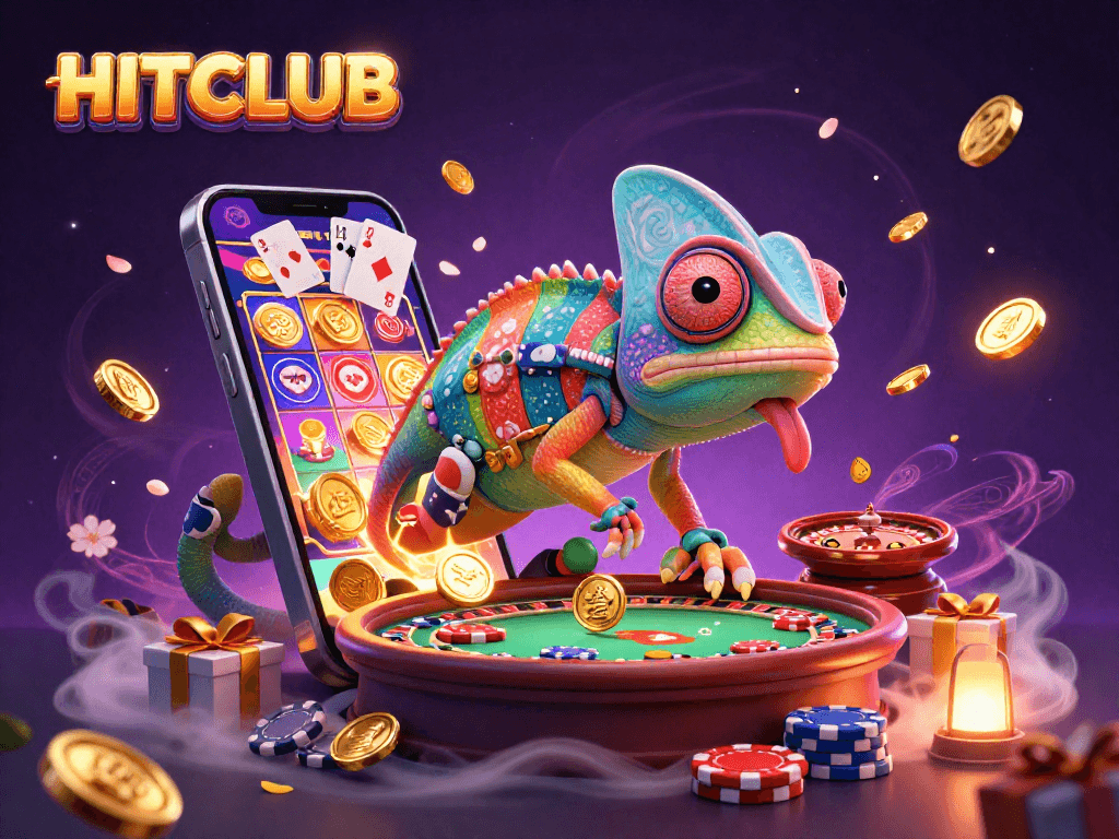 Engaging casino experience with HITCLUB's vibrant gaming elements and dynamic chameleon character.