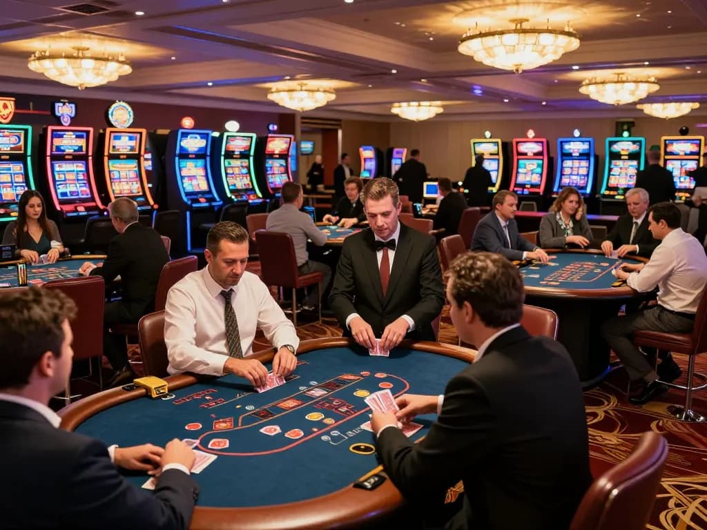 Engaged players at Trang chủ F168 blackjack and poker tables in an upscale casino setting
