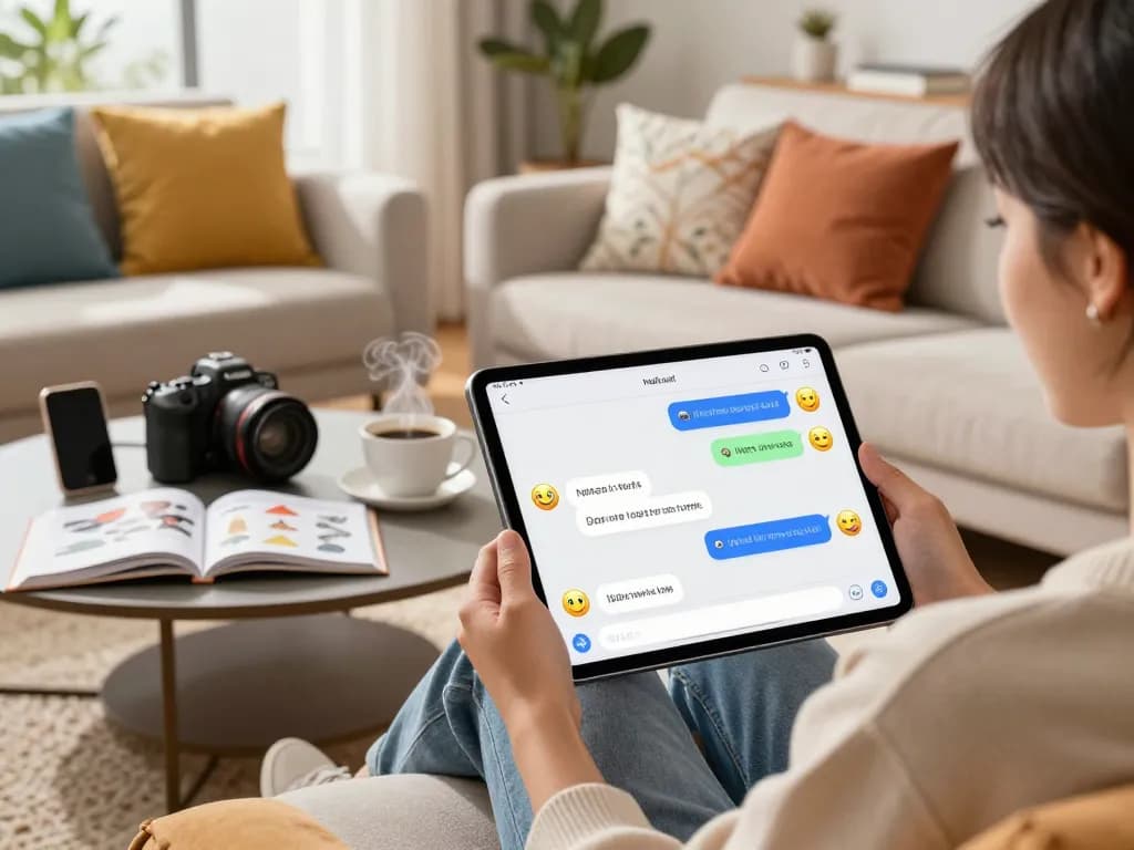 User engaging with a nsfw chat bot on a tablet in cozy living room during a playful conversation.