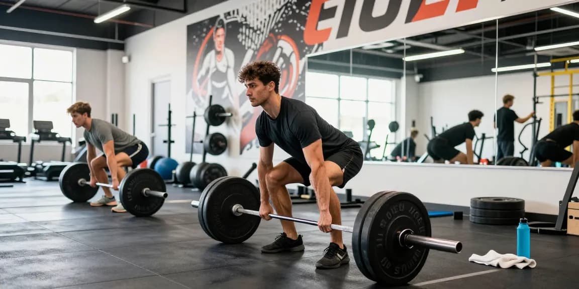 Aktiver Athlet im Selliza Shop, der mit Gewichten im Fitnessstudio trainiert.