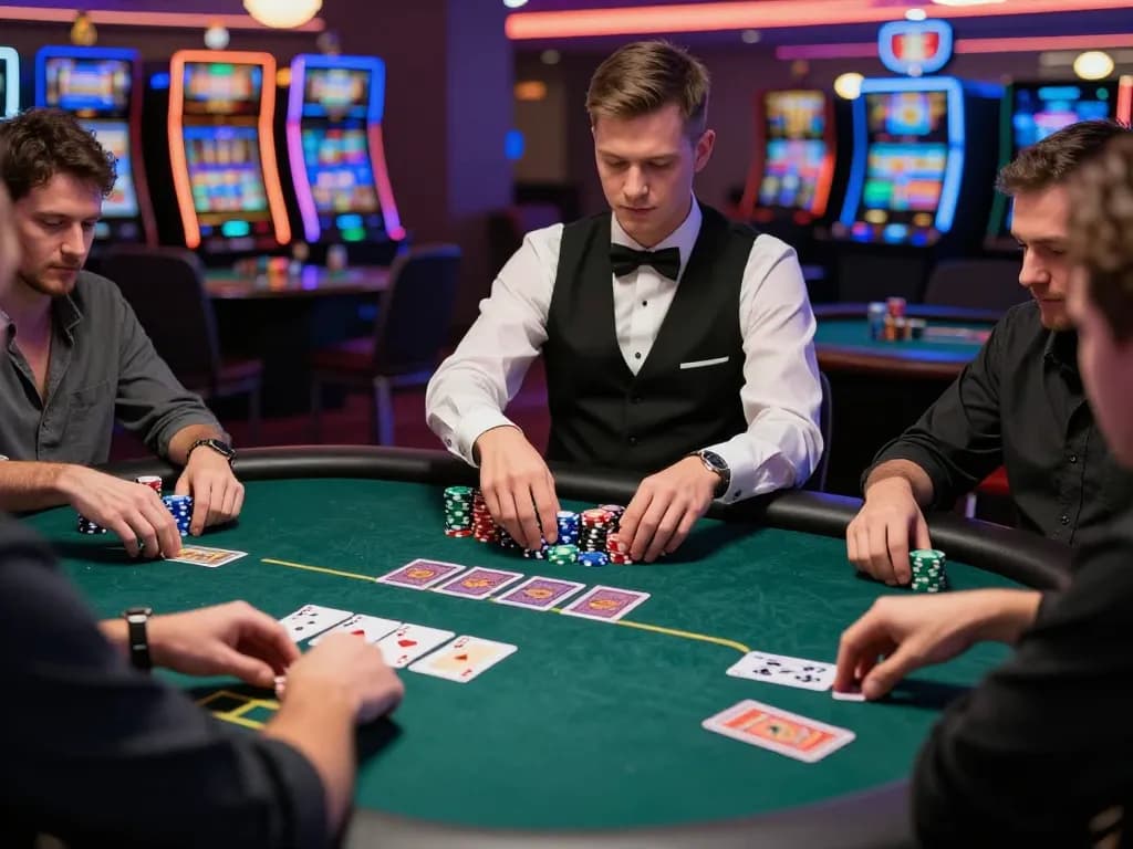 Players engage in strategic bets at the best KI Detektor poker table in a luxurious casino.