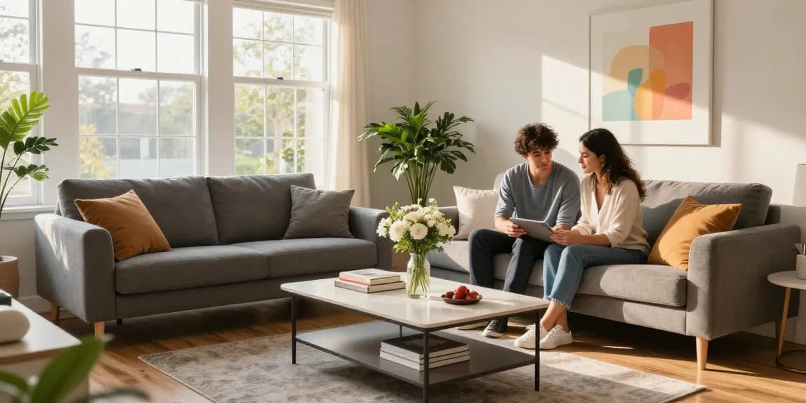 Moderner Wohnzimmer-Szene, in der ein Paar stilvolle Möbeloptionen für ihr Zuhause erkundet, die die Leichtigkeit des Möbel Direkt Bestellens betont.