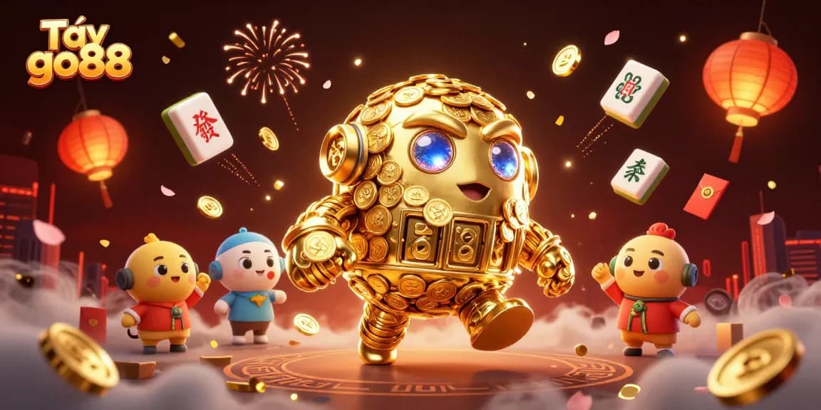 Tải go88 and enjoy an exciting gaming adventure with a golden golem surrounded by vibrant action elements.