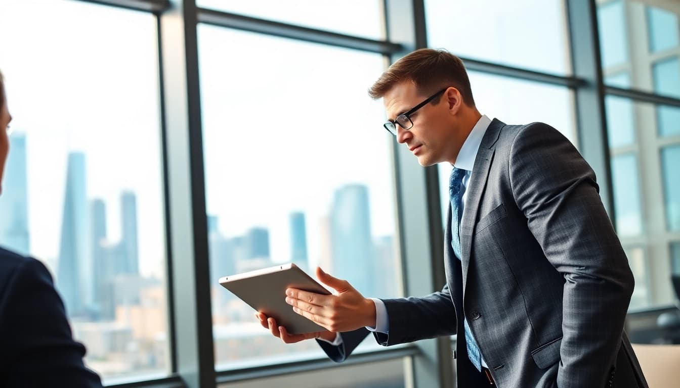 Headhunter Schweiz berät einen Klienten in einem modernen Büroraum.