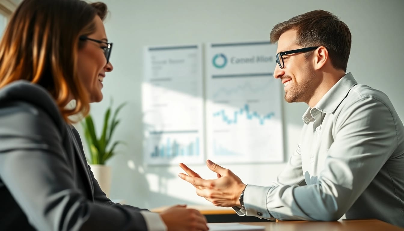 Geld von privat: Diskutieren Sie Optionen für Privatkredite in einem modernen Büro.