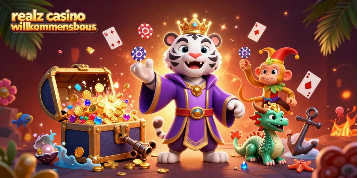 Erlebe den realz casino Willkommensbonus mit einem eleganten weißen Tiger und einem fröhlichen Affen in 3D-Illustration.