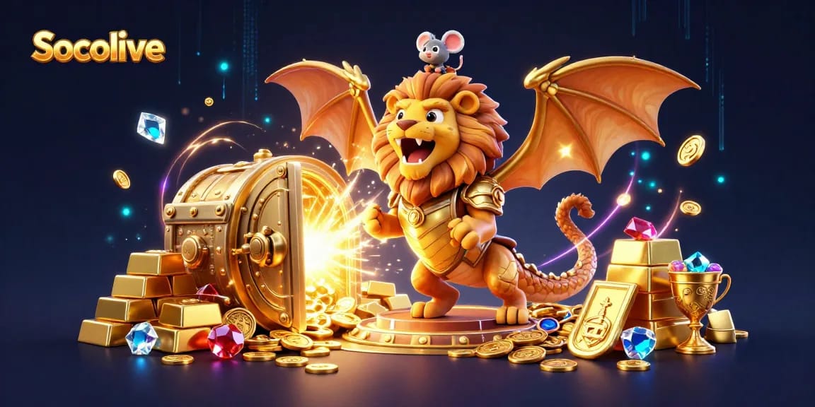 Socolive showcases a vibrant 3D casino illustration with a chimera and treasure elements for online gambling immersion.