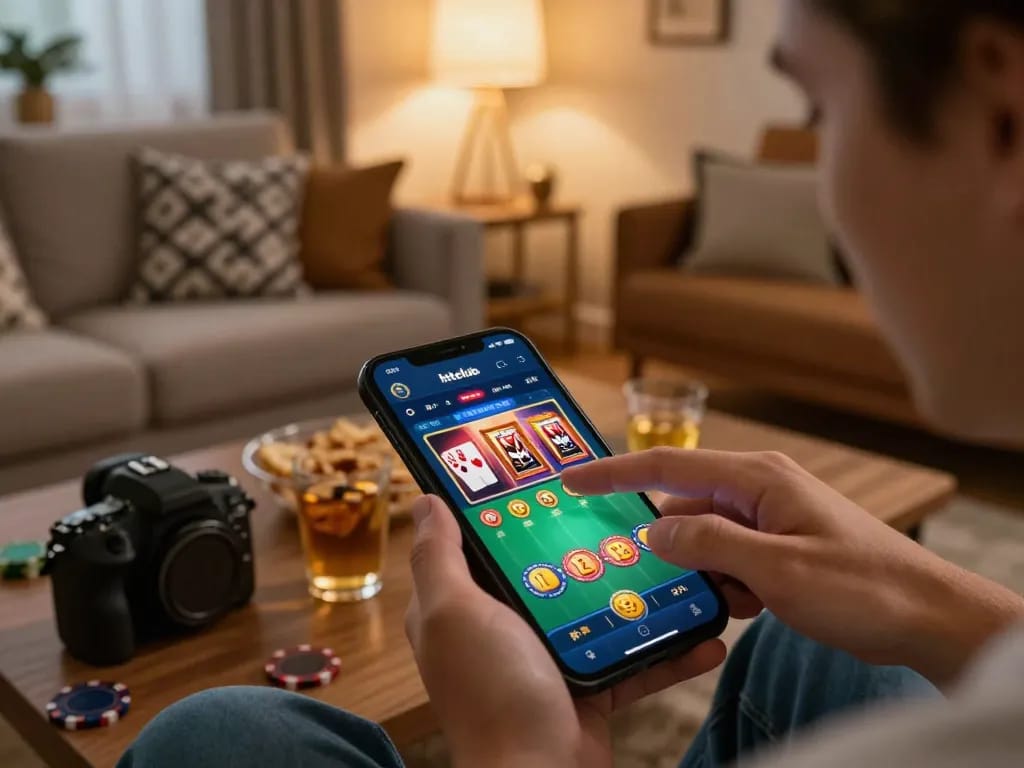 Engaging player using the hitclub app on their smartphone in a cozy home gaming setup