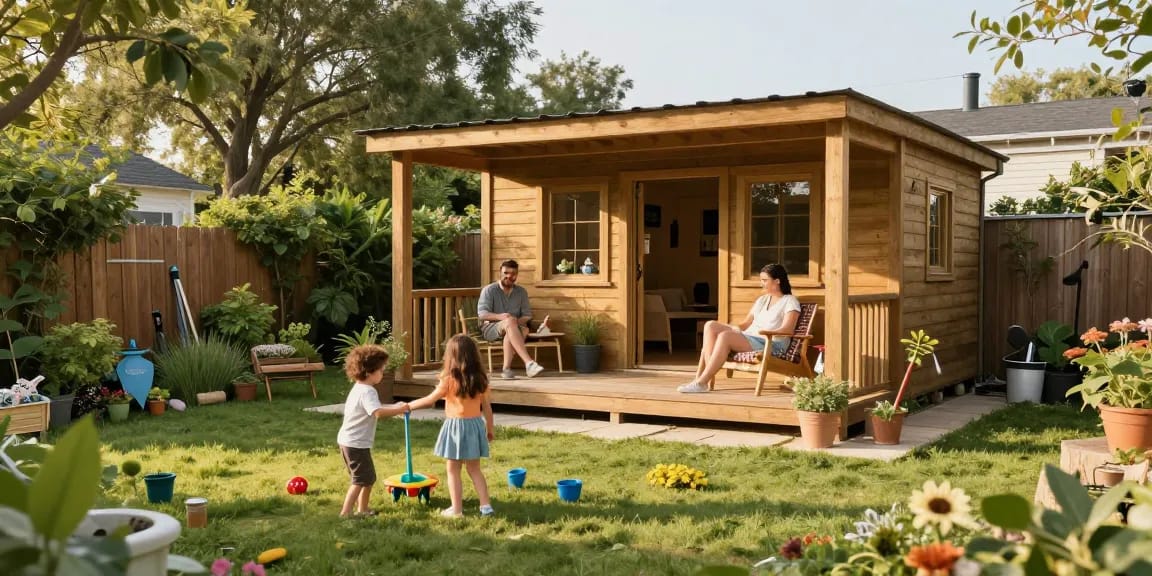 Familie, die ein Gartenhaus kauft und im Freien entspannt, mit Spielfreude im Garten.