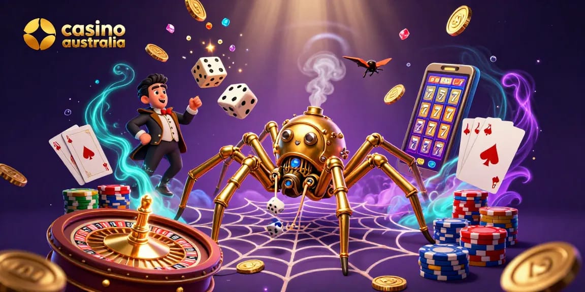 Engage in thrilling gameplay at casino australia, spurred by a steampunk spider and golden casino elements.
