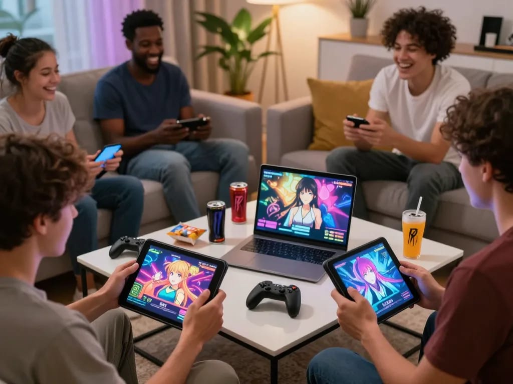 Players enjoying a free sex game in a cozy living room, engaging with animated and interactive adult games on their devices.