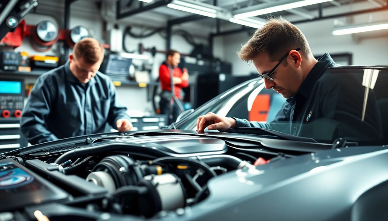 BMW Spezialist bei der Reparatur eines BMW-Sportwagens in einer modernen Werkstatt.