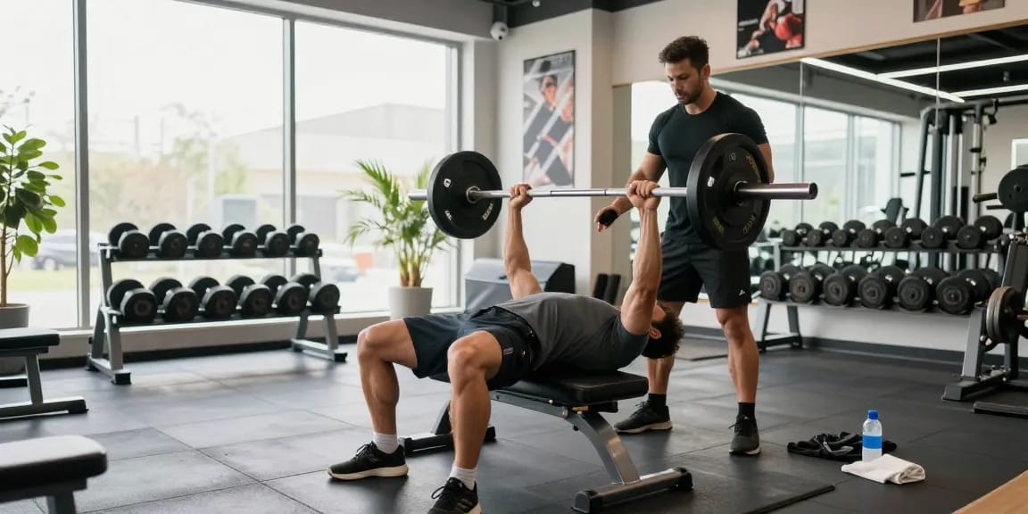 Anabolika Shop - Bodybuilder beim Training im Fitnessstudio mit Gewichten und motivierenden Elementen.