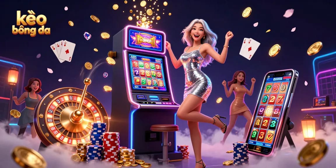Spin the kèo bóng đá slot machine as golden coins and gems rain down in a vibrant casino setting.