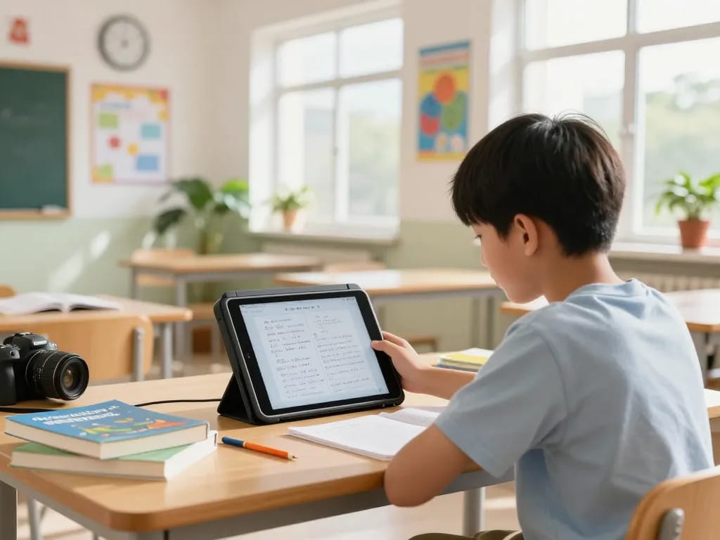 Schüler, der einen Hausaufgaben Scanner in einem hellen Klassenzimmer mit Bildungsressourcen verwendet.