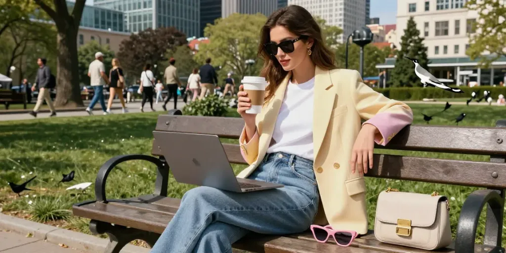 Lady-Lifestyle Frau in stylischem Outfit im Stadtpark mit Laptop und Kaffeebecher.