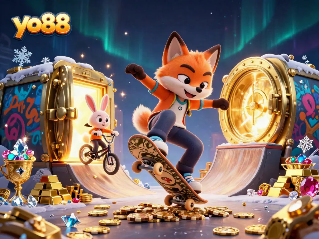 yo88 engages players with vibrant casino adventure featuring a skateboarder fox and BMX rabbit.