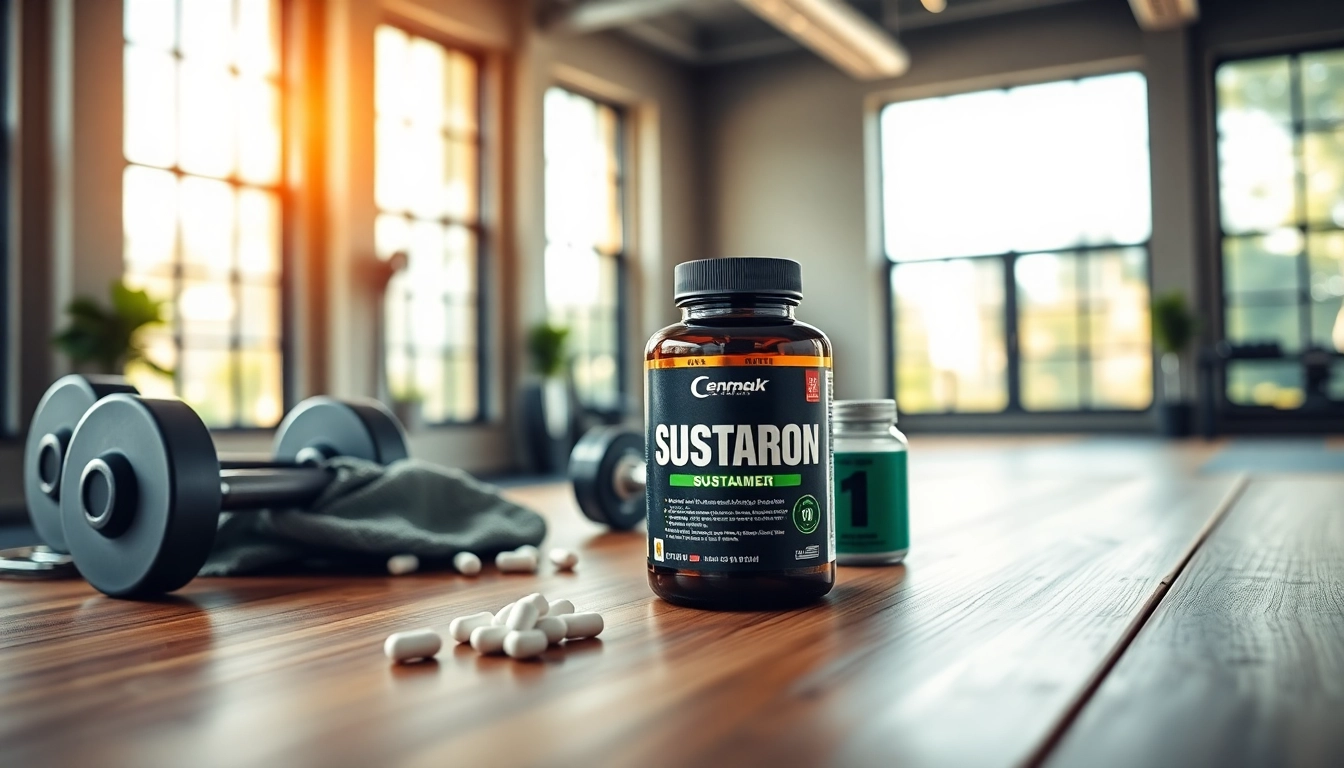 Sustanon kaufen mit hochwertiger Verpackung in einem modernen Fitnessstudio.