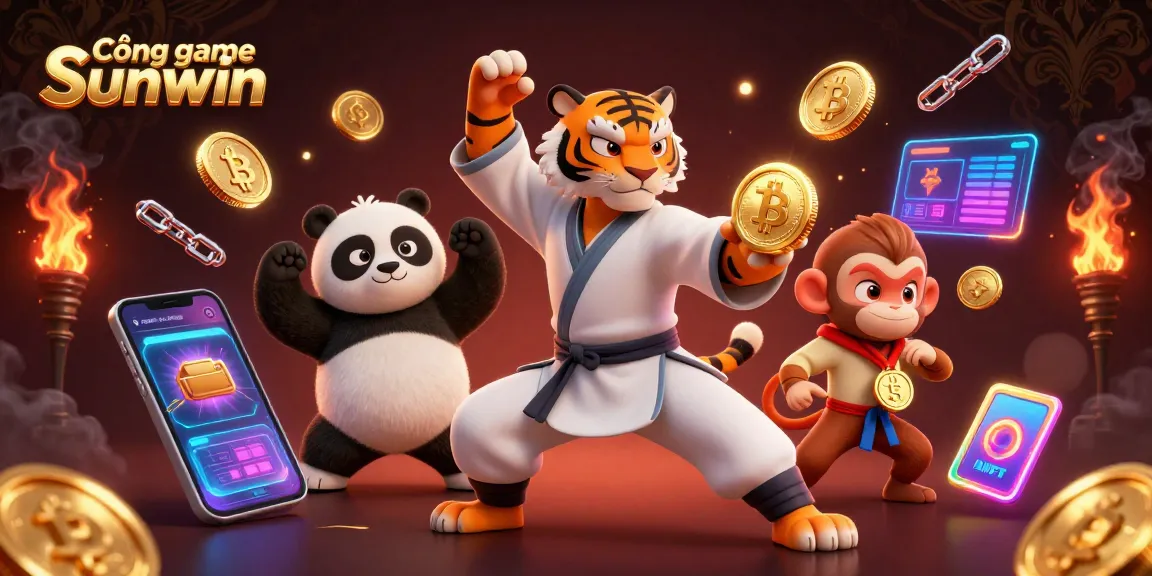 Cổng game Sunwin showcases thrilling action with a kung fu tiger master and panda disciple while a monkey steals gold.