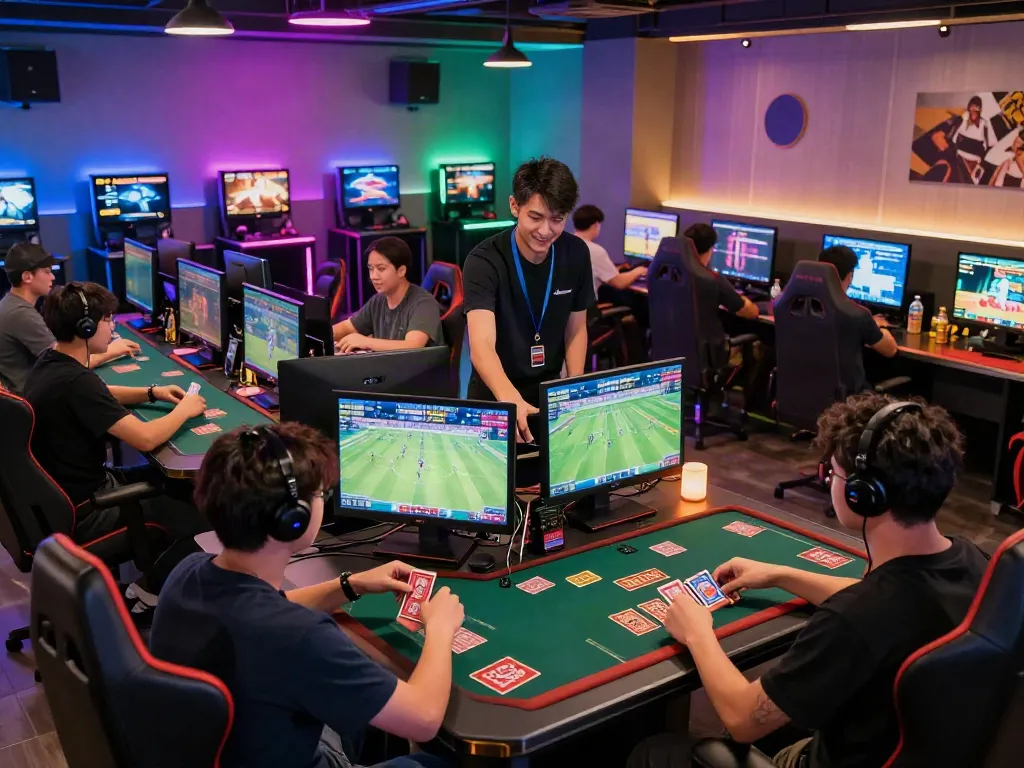 Gaming enthusiasts engaged in various activities at TA88's vibrant lounge, showcasing interactive gaming booths.