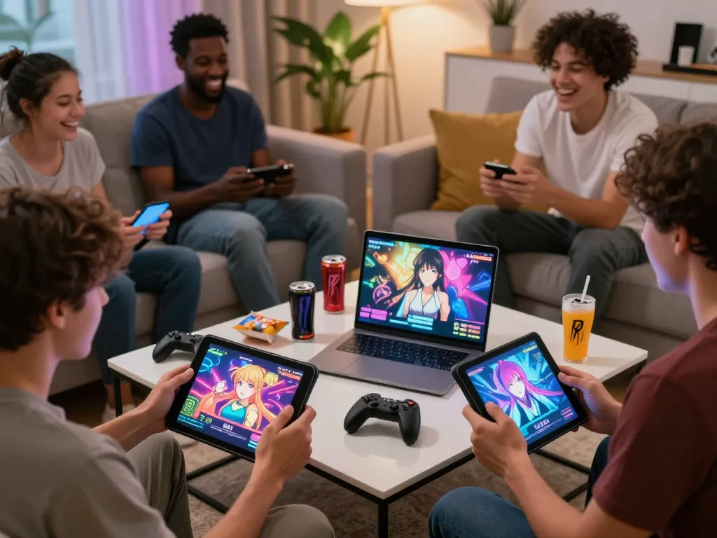 Players enjoying a free sex game in a cozy living room, engaging with animated and interactive adult games on their devices.