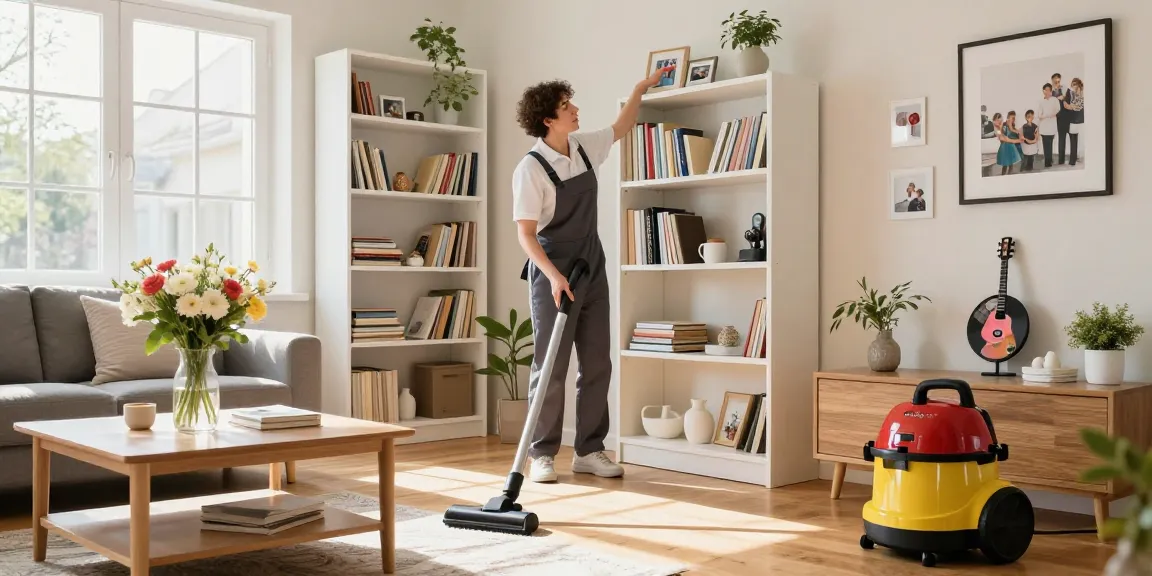 Residential cleaning service in Bern showcasing professional cleaner dusting shelves for a spotless home