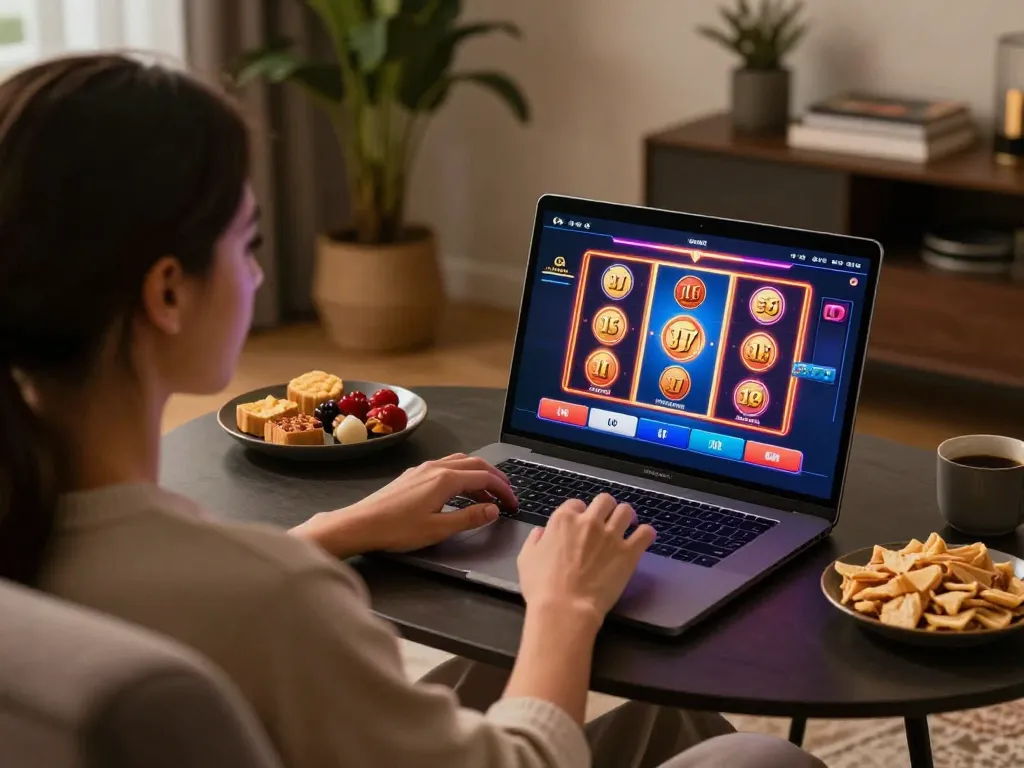 Engaging in online casino gaming with sin88 app, showcasing a cozy home atmosphere.