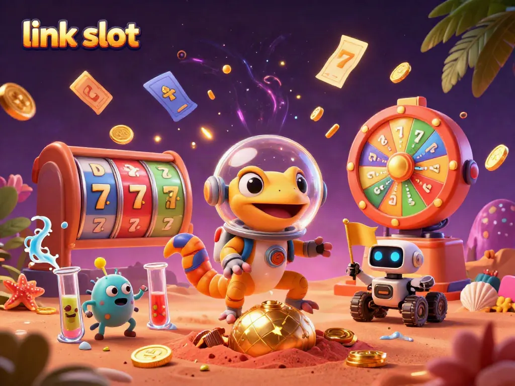 Experience the excitement of a “link slot” adventure with a Martian gecko discovering a golden casino on Mars.