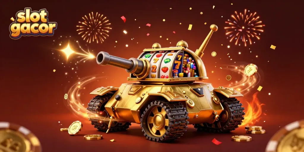 Experience thrilling action at slot gacor with a dynamic 3D illustration of a golden beetle casino tank.