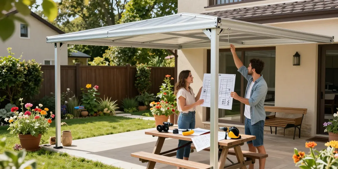 Installation einer freistehenden Terrassenüberdachung mit einem Paar im Garten, umgeben von Blumen und grünen Pflanzen.