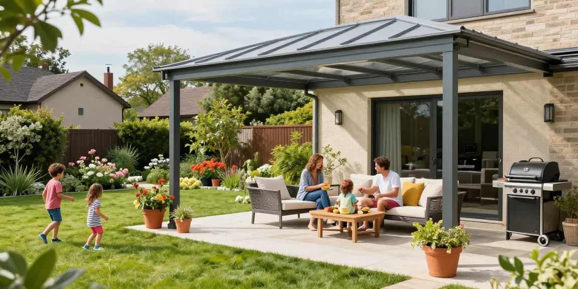 Moderne Terrassenüberdachung mit Familie im Garten, entspannte Atmosphäre.
