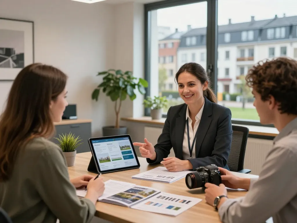 Immobilienmakler Frankfurt Dornbusch, der Kunden in einem modernen Büroarbeitsplatz unterstützt und Immobilienangebote hervorhebt.