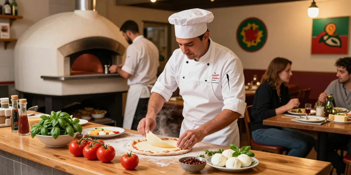 Chef making authentic Italian pizza at Pizzeria Madera, showcasing pg soft ingredients and vibrant kitchen atmosphere.