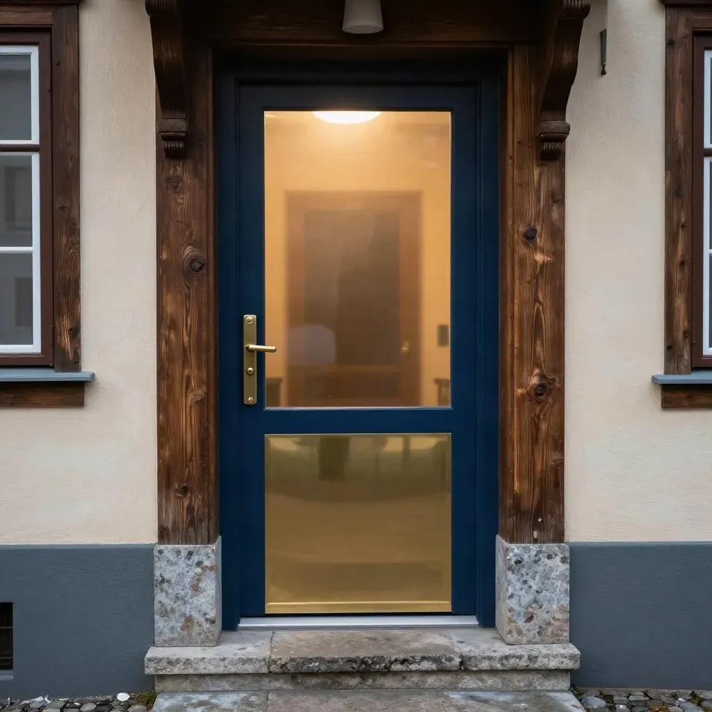 Glasfront eines Servicebüros mit Messingklingel und warmem Licht hinter milchigem Glas.
