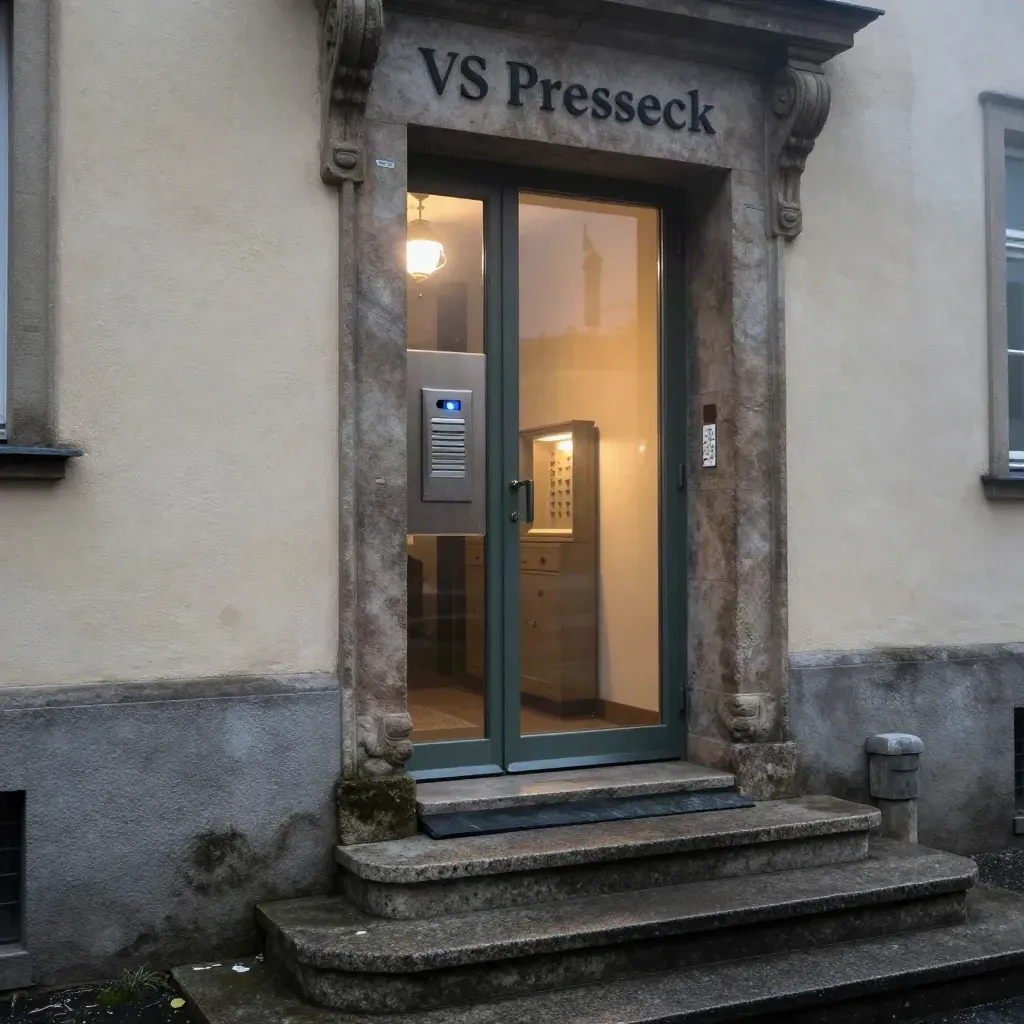 Steinerner Eingang von VS Presseck im Morgennebel mit warmem Licht