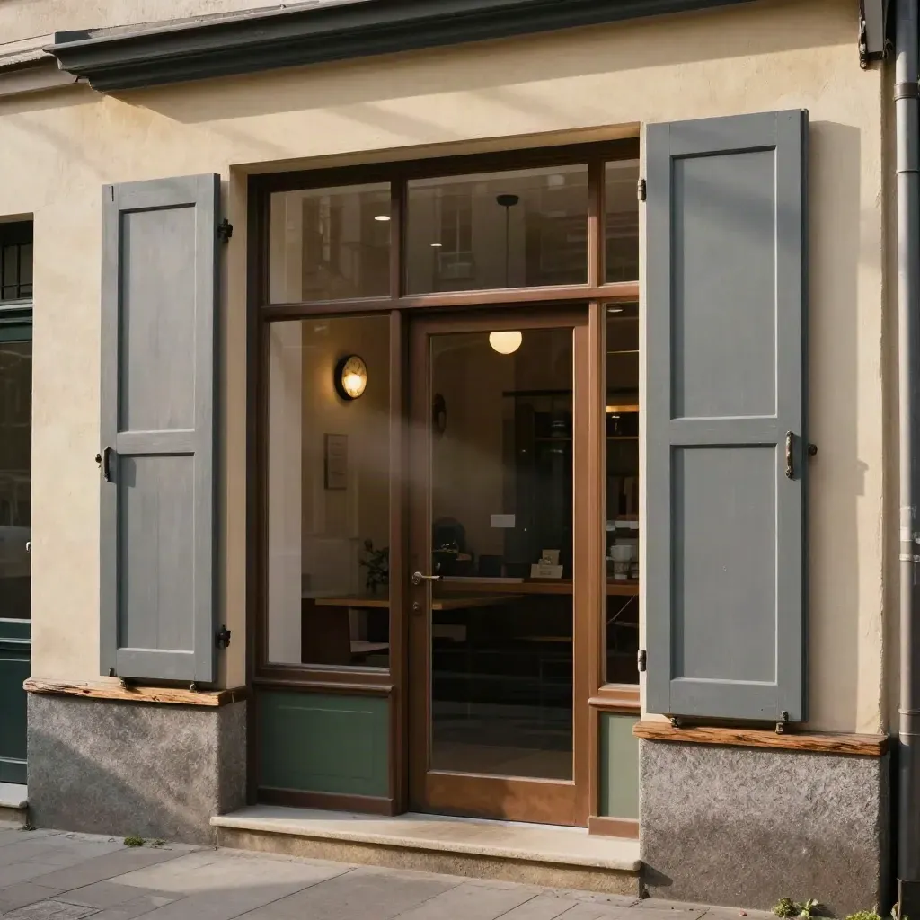 Schaufenster mit halb geöffneten Läden, Uhr und warmem Licht hinter Glas