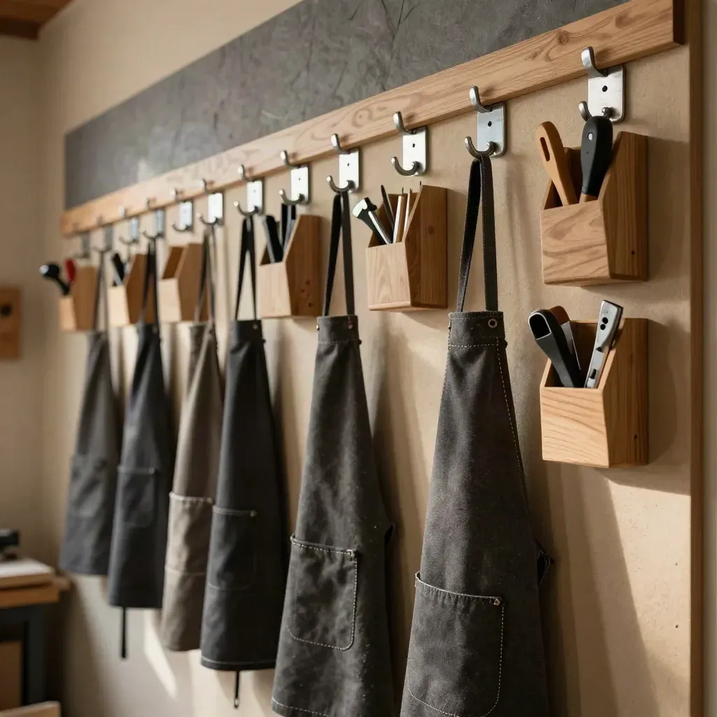 Makro einer aufgeräumten Werkstattwand mit Aprons, Haken und Fächern im dramatischen Licht.