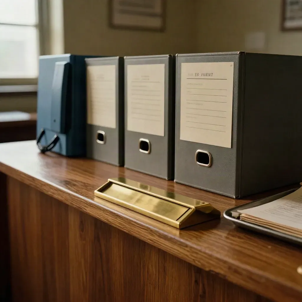 Brassener Postschlitz, Gegensprechanlage und Aktenboxen an einer Servicetheke im warmen Licht.