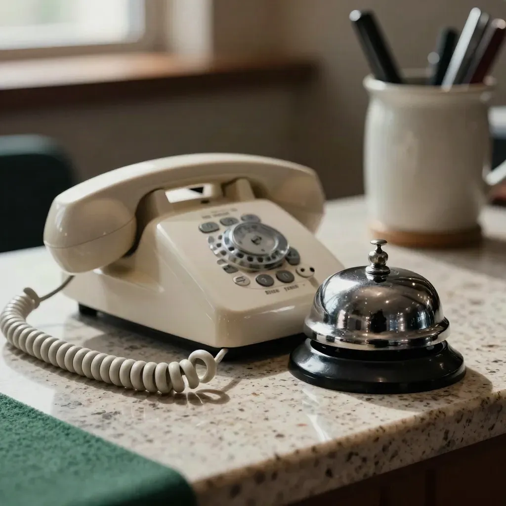 Makro von Telefon, Serviceklingel und Stifteköcher auf Travertin bei VS Presseck.