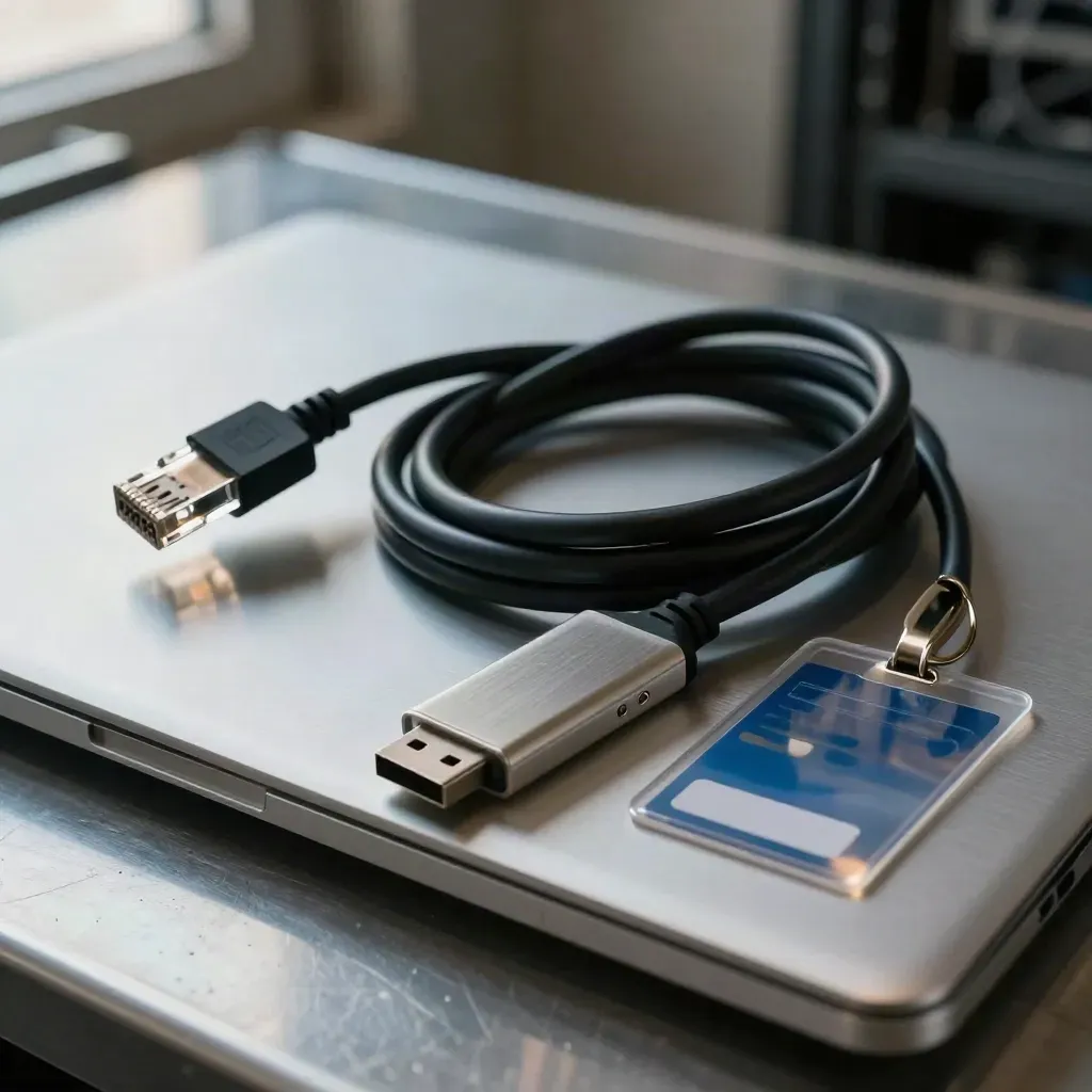 Geschlossener Laptop, Netzwerkkabel, USB-Stick und Zutrittskarte auf gebürstetem Metall.