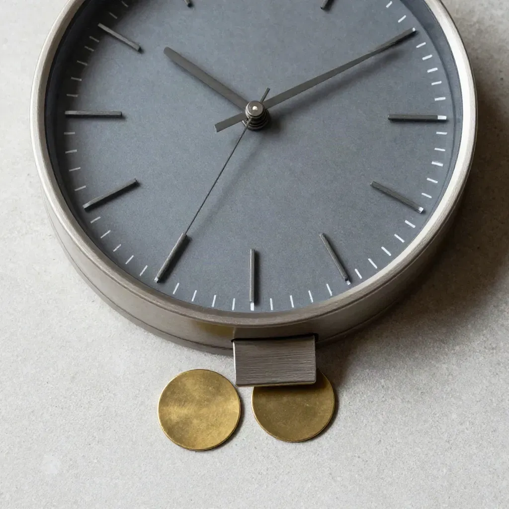 Analoguhr, zwei Messingmarken und ein Metall-Tab auf hellem Beton im präzisen Flatlay