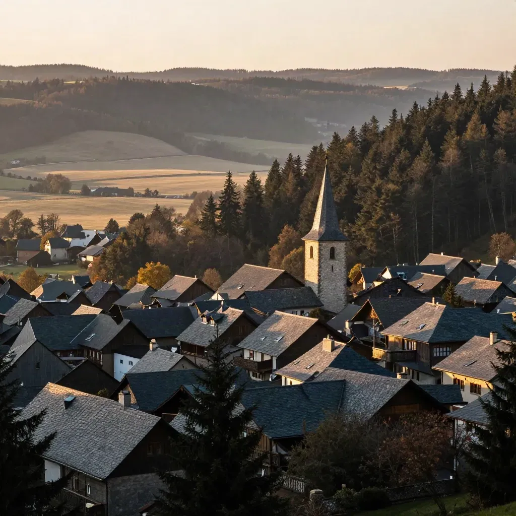 Blick auf Presseck von einem Höhenrücken im goldenen Licht über nebligem Tal.