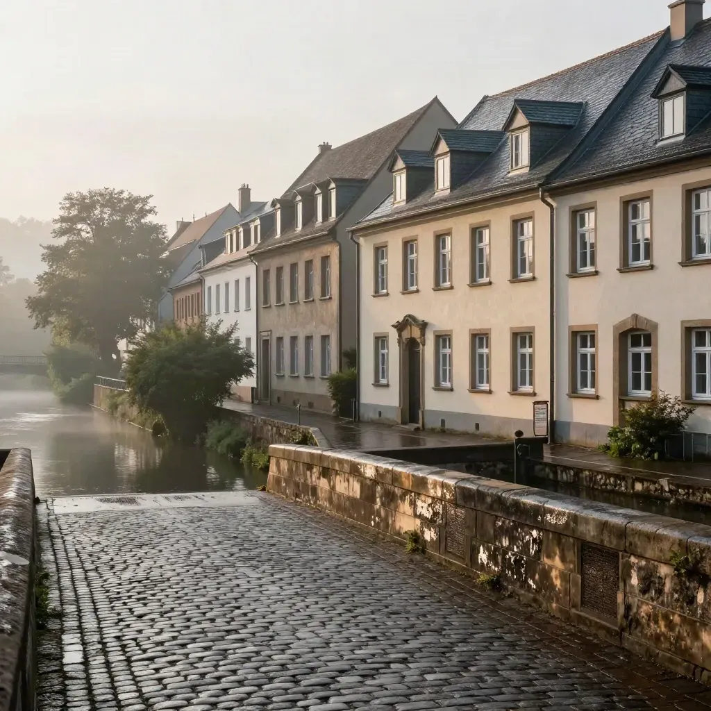 Stadtsteinach im Morgennebel mit Steinbrücke, nasser Straße und ruhigen Dächern