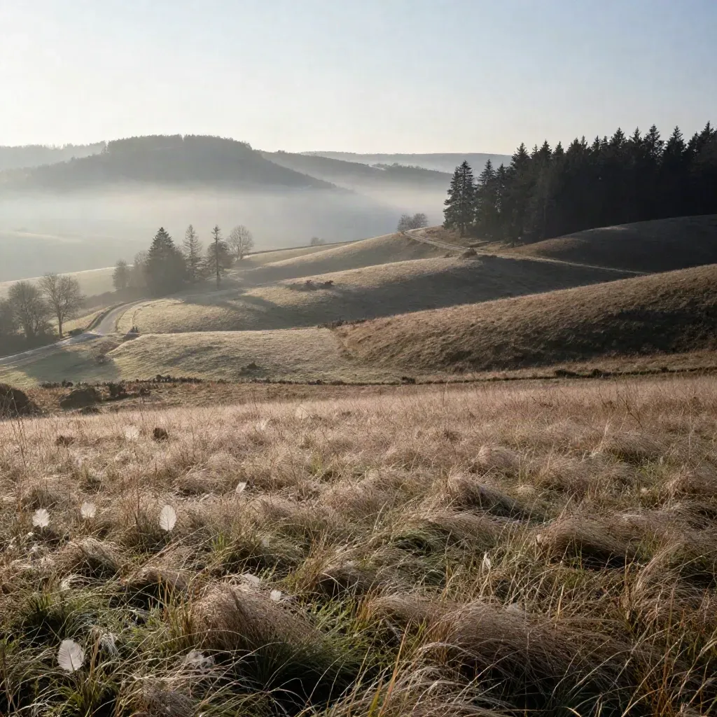 Hügellandschaft bei Marktleugast mit Wiese, Fichten und Straße im Morgendunst.
