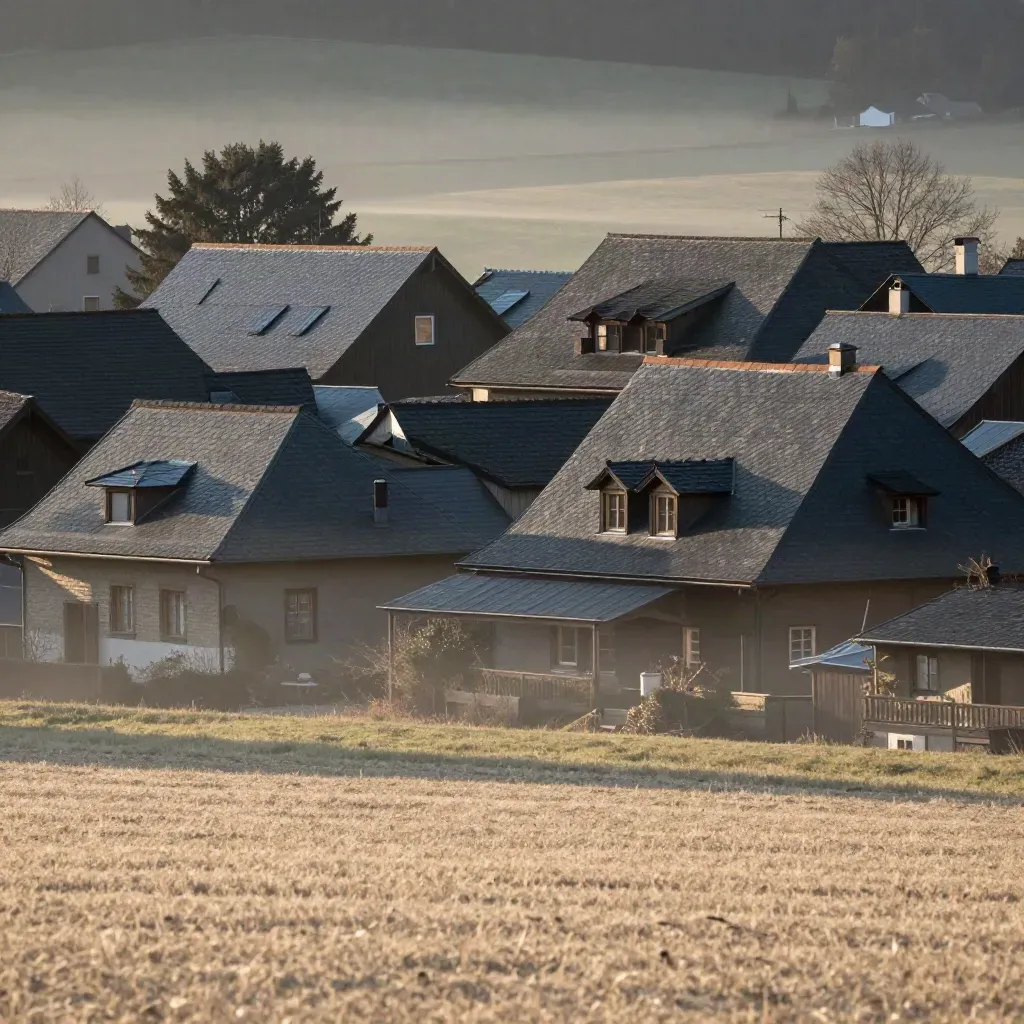 Schieferdächer über einem stillen Tal bei warmem Abendlicht und Nebel