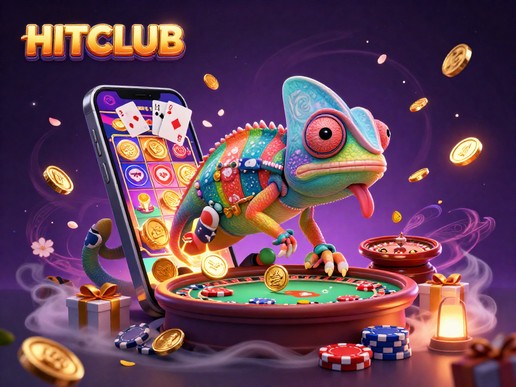 Engaging casino experience with HITCLUB's vibrant gaming elements and dynamic chameleon character.